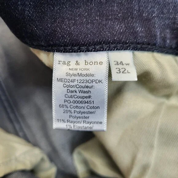 Rag & Bone Jeans Men's 34x32 RB 2 Slim Fit Blue Stretch Denim Tailored Leg